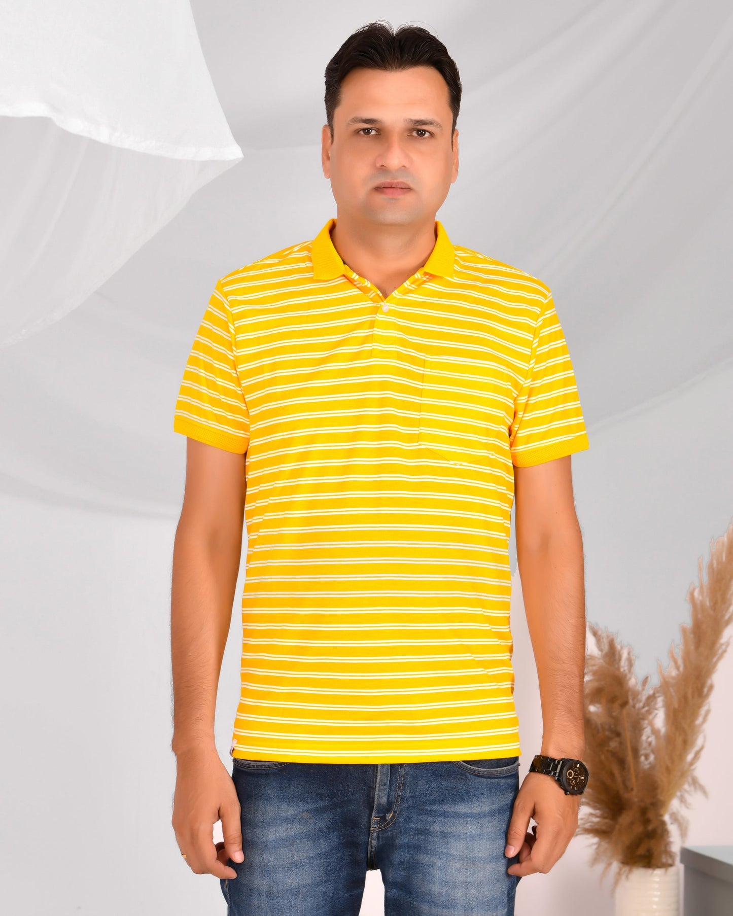 Noble Mono-Stripes Collar T-Shirt Yellow