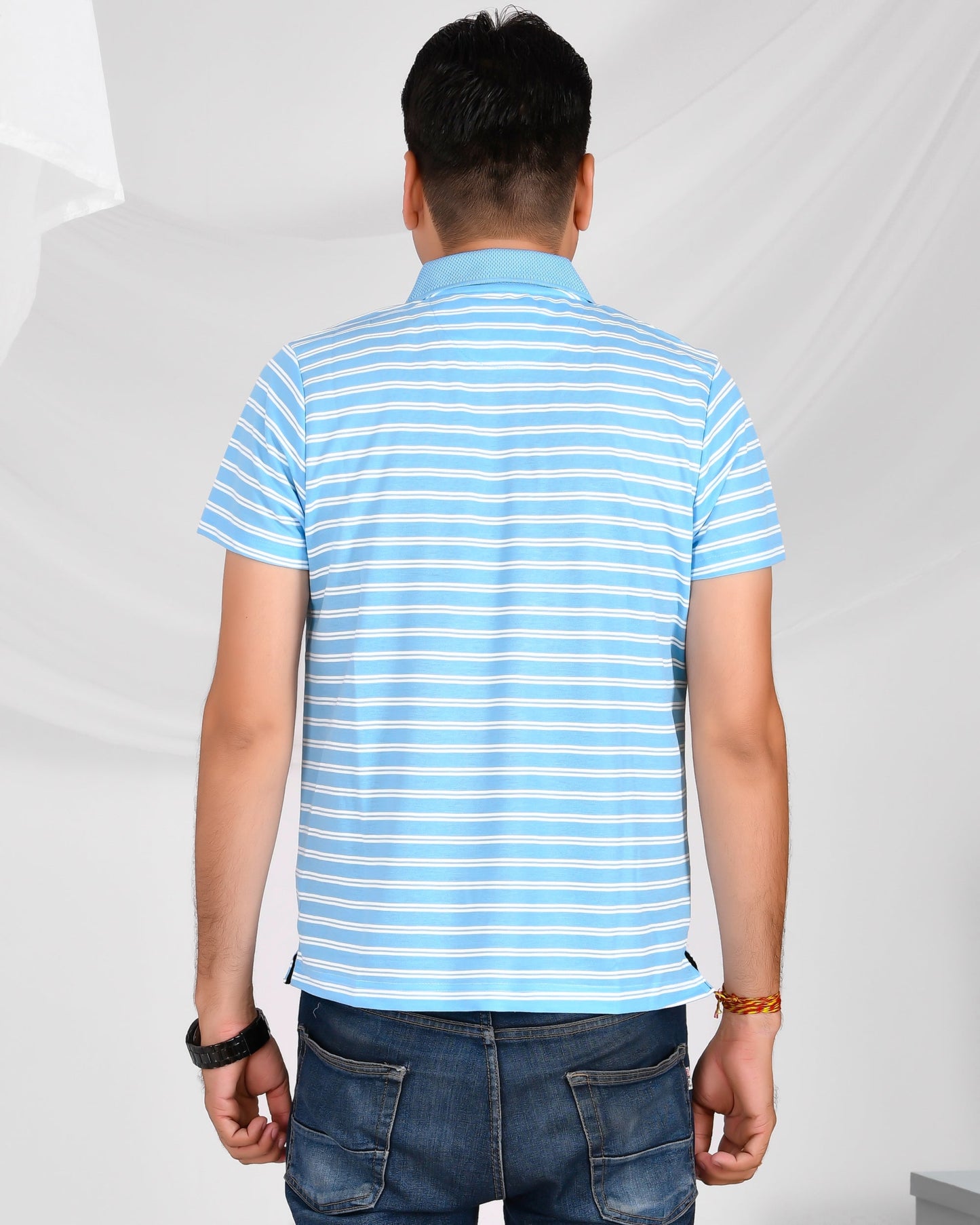 #Noble Mono-Stripes Collar T-Shirt Sky-Blue