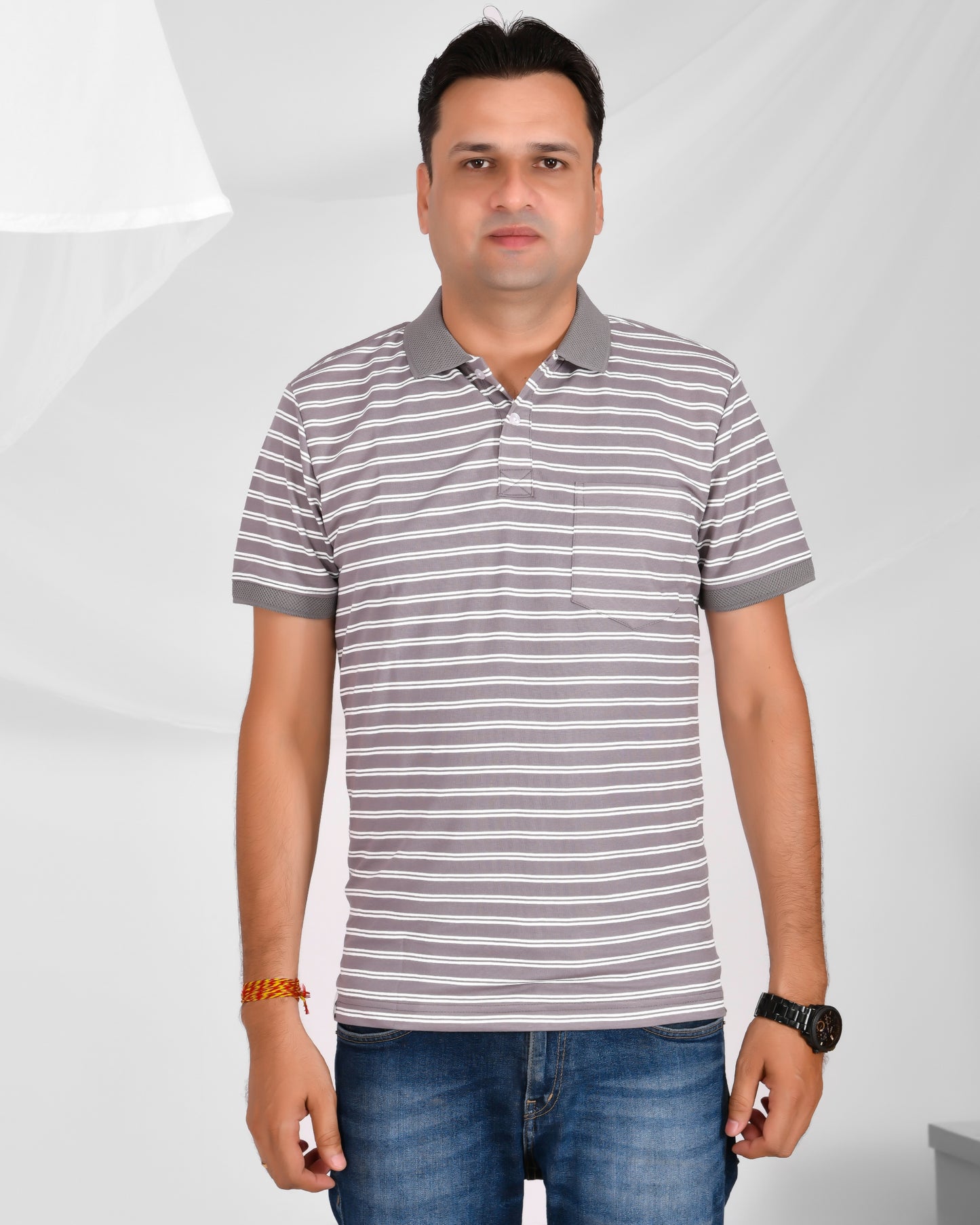 Noble Mono-Stripes Collar T-Shirt Grey