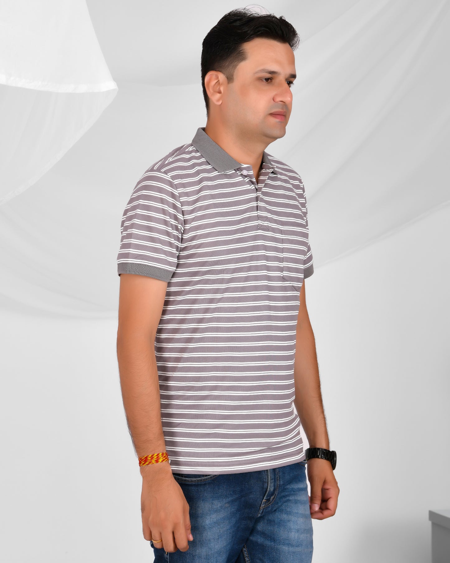 Noble Mono-Stripes Collar T-Shirt Grey