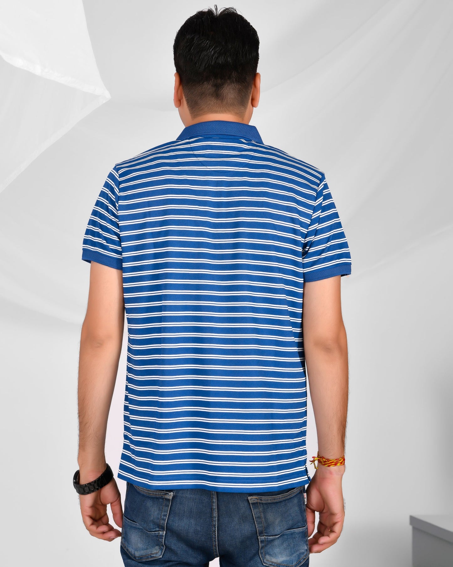 #Noble Mono-Stripes Collar T-Shirt Blue