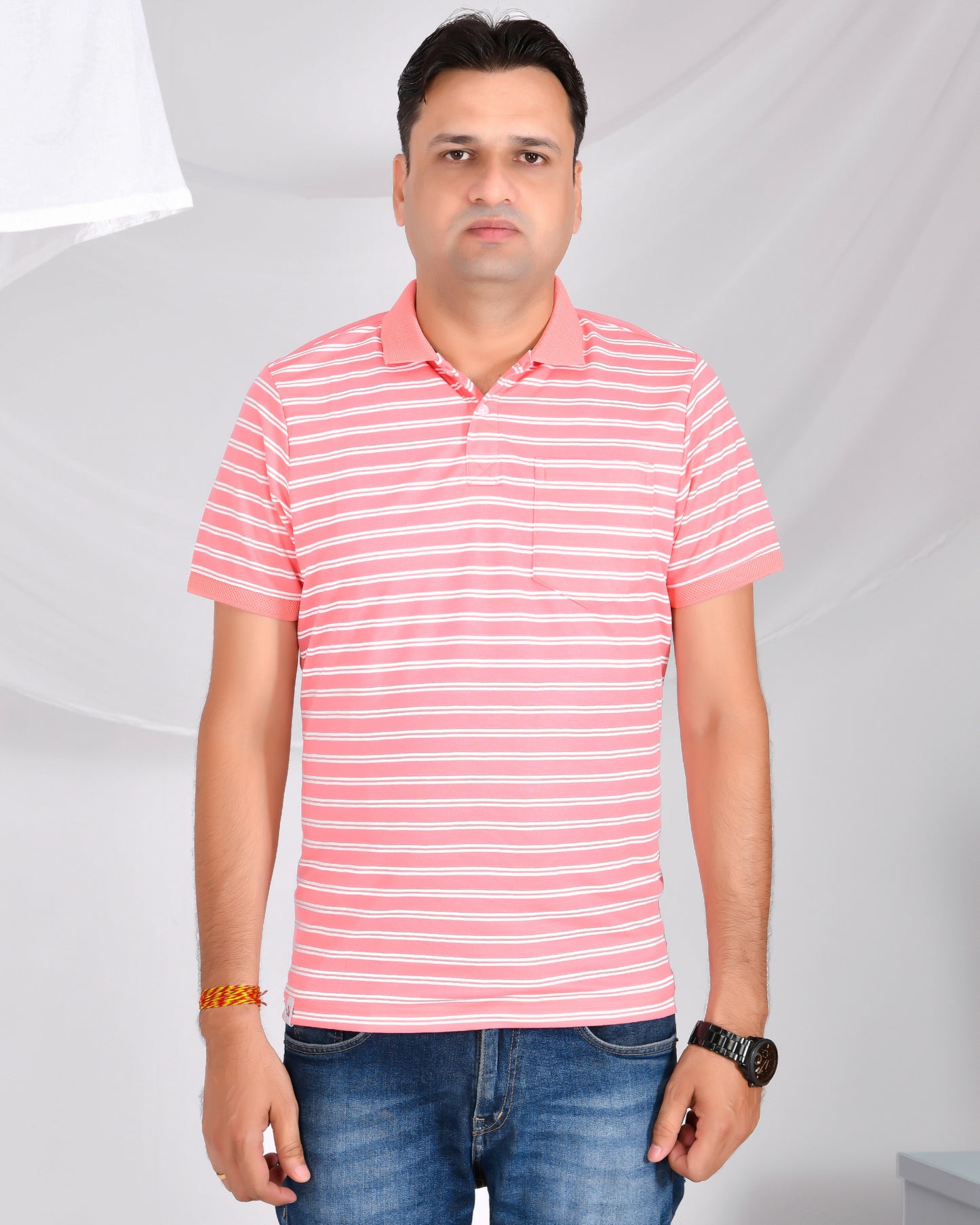 Noble Mono-Stripes Collar T-Shirt Flamingo