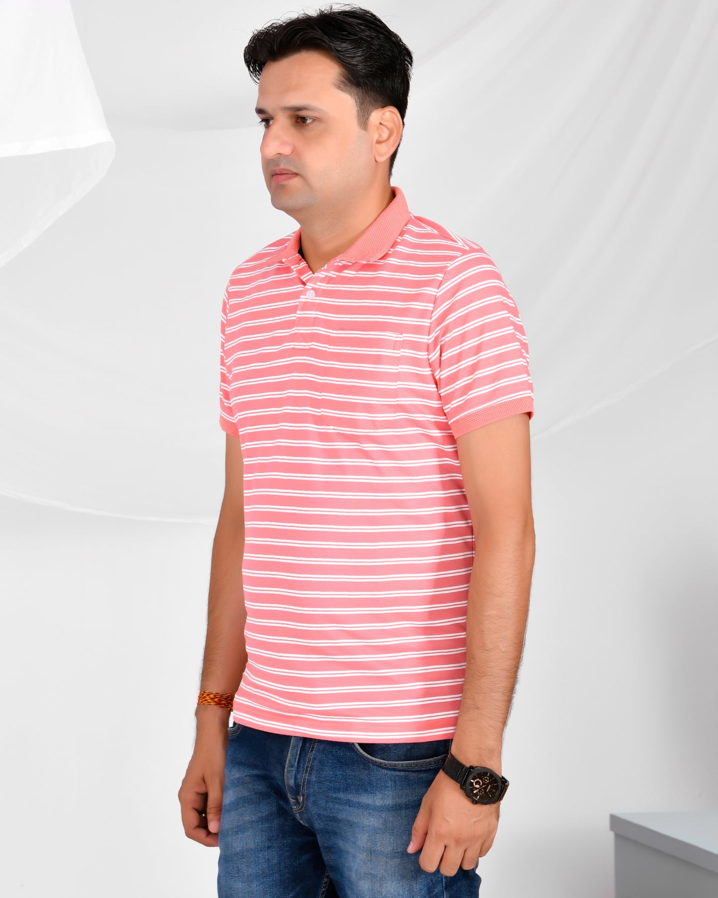 Noble Mono-Stripes Collar T-Shirt Flamingo