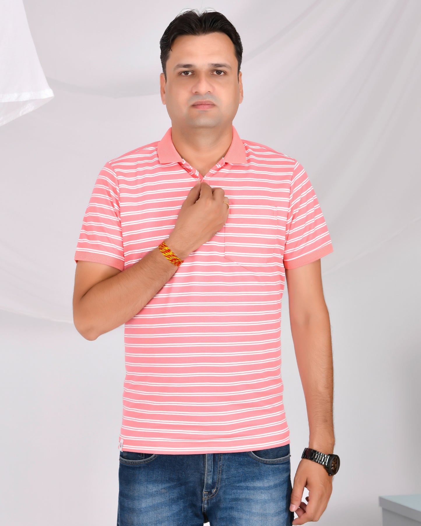 Noble Mono-Stripes Collar T-Shirt Flamingo