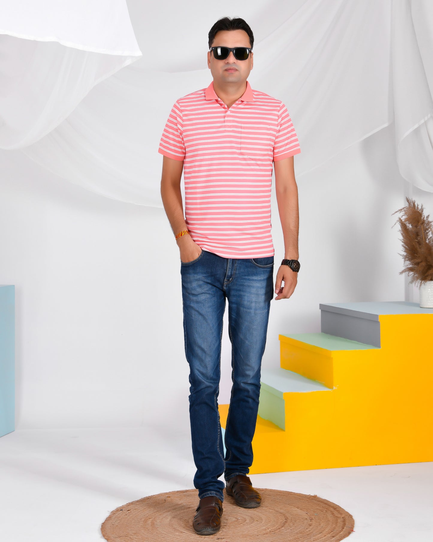 Noble Mono-Stripes Collar T-Shirt Flamingo