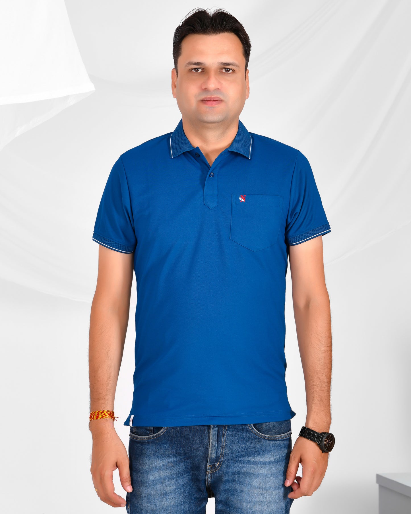 Noble Mars Collar Half Sleeve T-Shirt Rama Blue