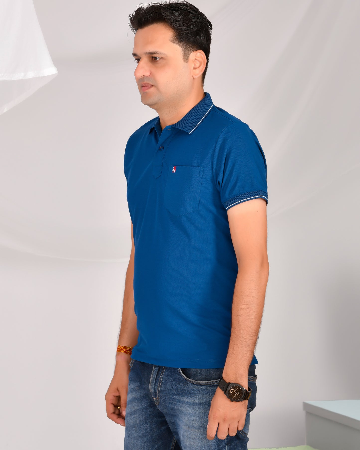 Noble Mars Collar Half Sleeve T-Shirt Rama Blue